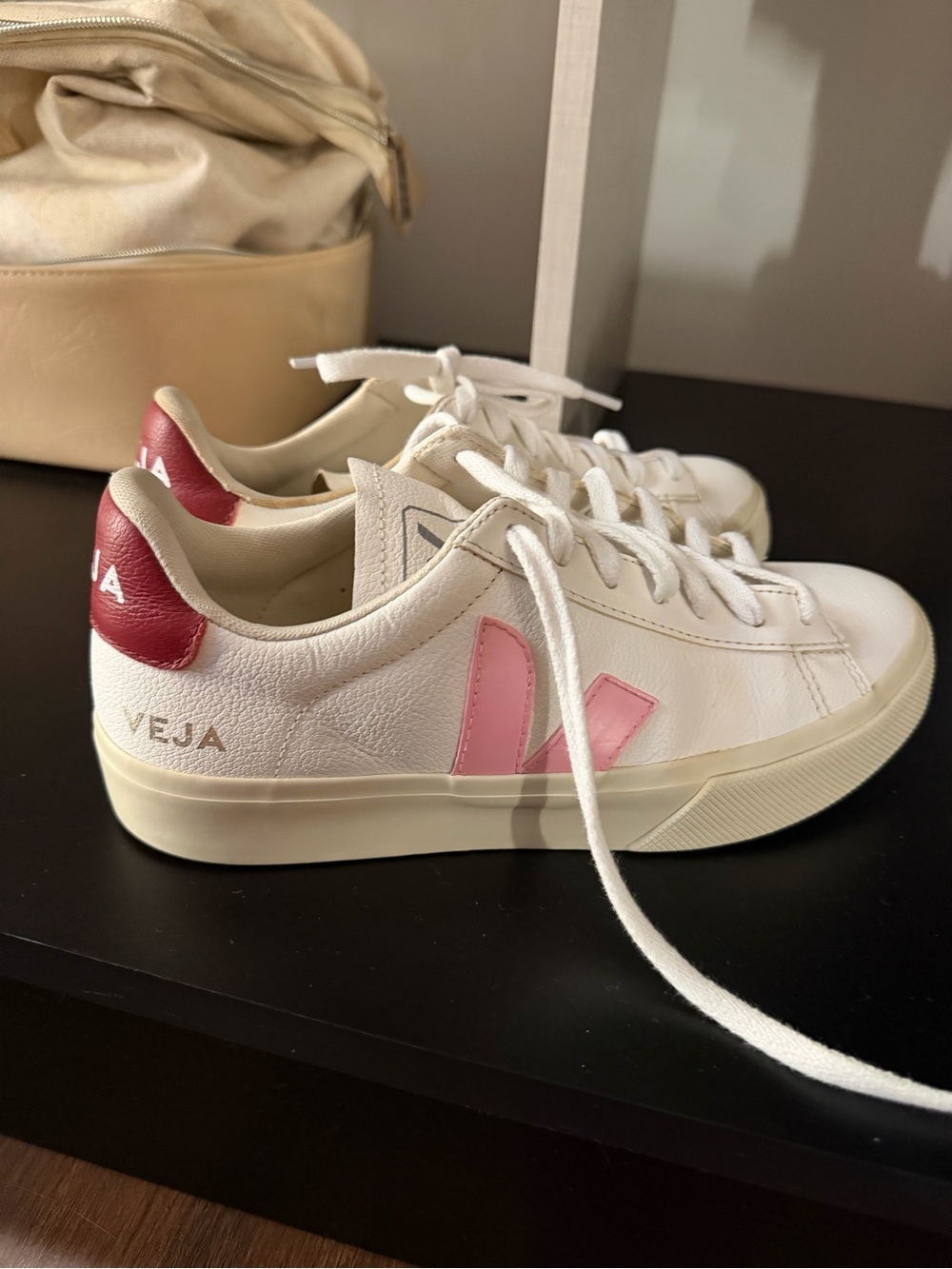 Veja White Leather Sneakers with Pink V and Burgundy Heel - Picture 3 of 7